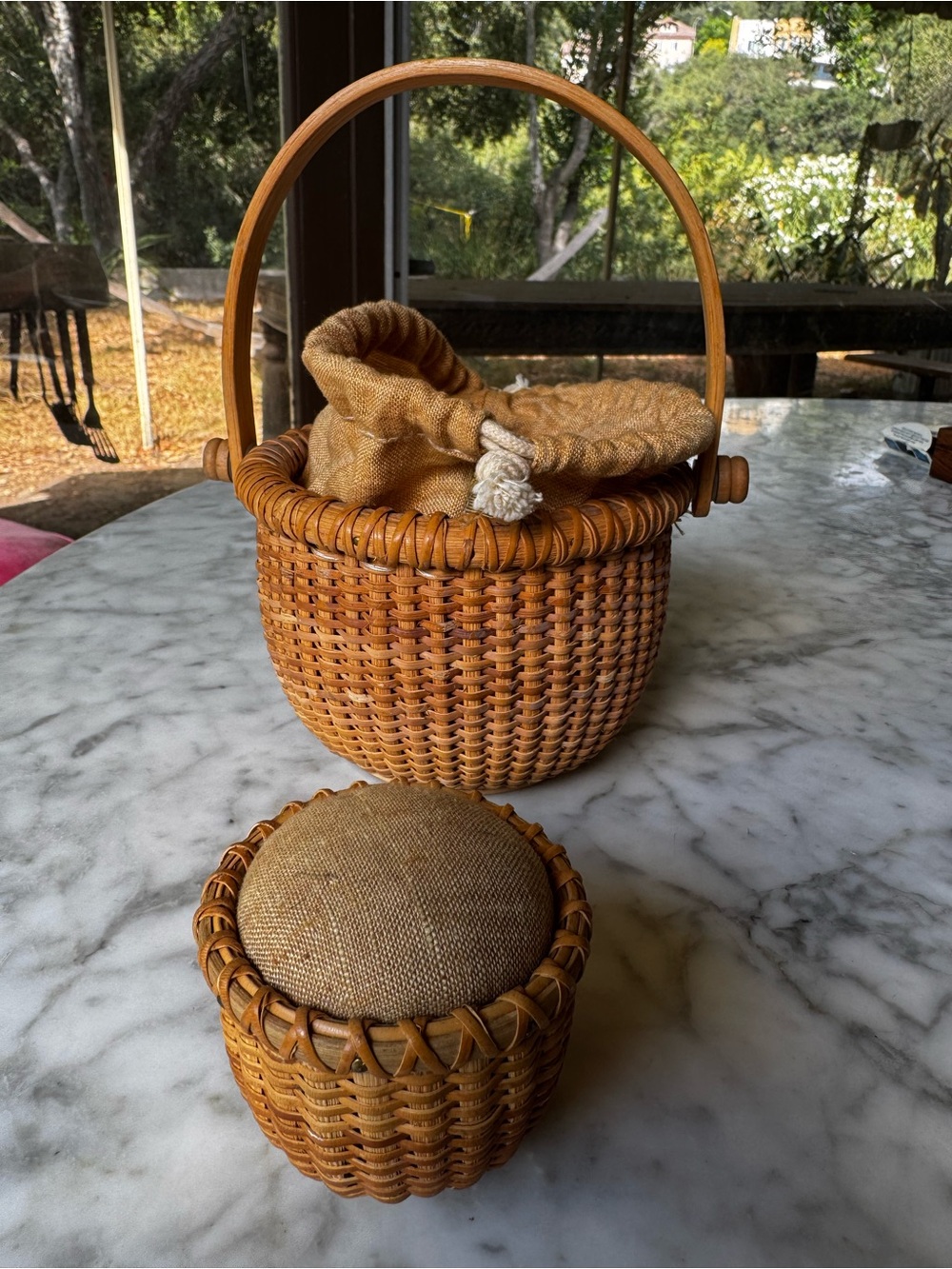 Vintage Nantucket woven sewing basket with handle, drawstring liner, pin cushion